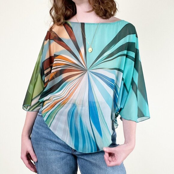 Vintage Silk Rainbow Blouse Sheer Boho Hippie Disco Print Coastal Festival Top - Picture 4 of 6